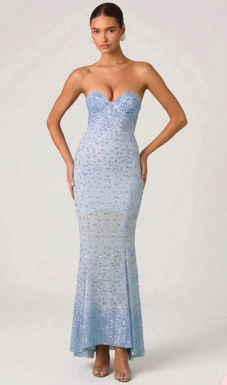Oh Polly Vesna Embellished Sweetheart-Neck Fishtail Gown in Sky Blue Size 10 +